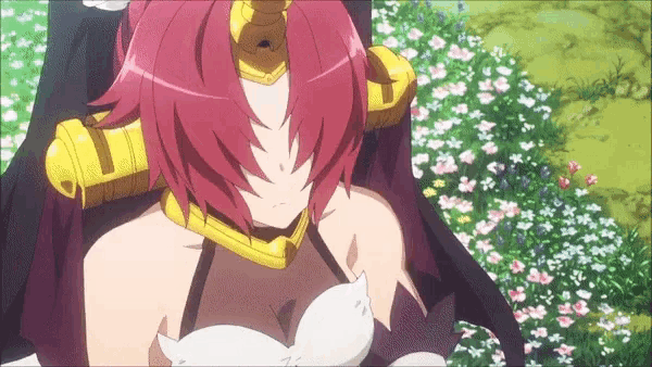 a woman with red hair is standing in a field of flowers .