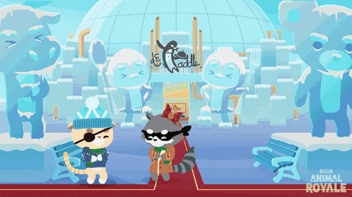 a cartoon of a raccoon and a cat standing in front of an igloo that says animal royale