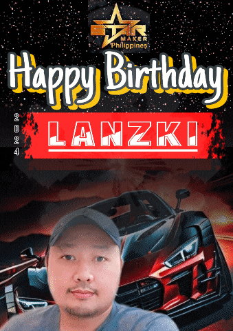 a happy birthday lanzki poster with a man in front of a red sports car