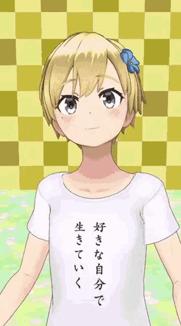 a girl with blonde hair is wearing a white t-shirt with chinese writing on it