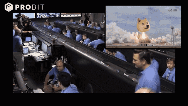 a group of people watching a doge rocket launch on a probit screen