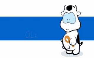 a cartoon cow is standing in front of a blue banner that says hola