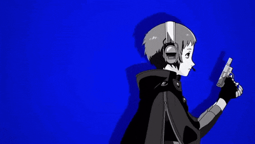 a man with headphones is holding a gun in front of a blue background