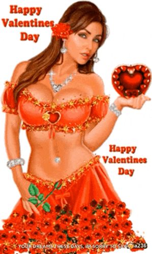 a woman in a red dress is holding a heart in her hand and says happy valentines day