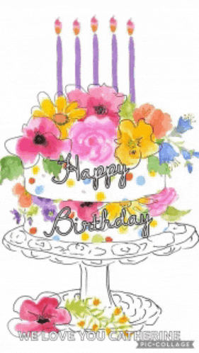 a birthday cake with purple candles and flowers on it
