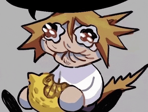 a cartoon of a person holding a yellow object with a speech bubble above their head