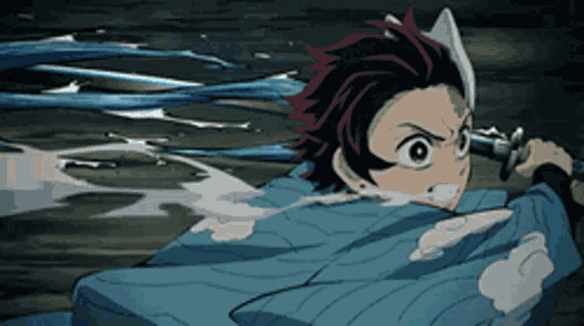 a person is holding a sword in their hand while a wave is coming out of it .