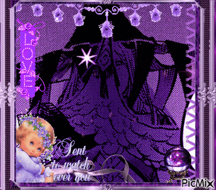 a picture of a baby with purple flowers on her head and the words sent to watch over you on the bottom