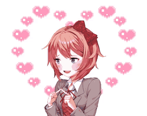 a girl with a red bow on her head is surrounded by hearts