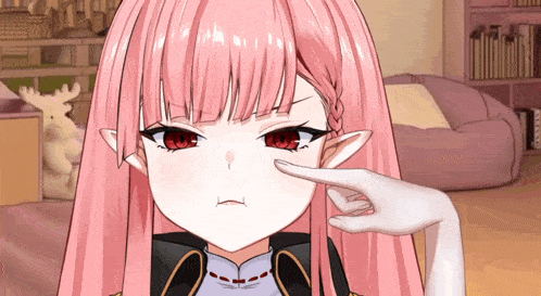 a girl with pink hair and red eyes is being touched by a hand