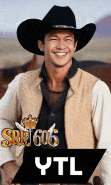 a man wearing a cowboy hat and a vest with srr 606 ytl on it