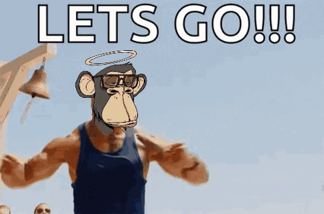 a cartoon of a monkey with glasses and a halo says let 's go !!!