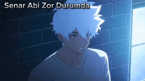 a man with white hair is standing in front of a brick wall with the words " senar abi zor durumda " below him