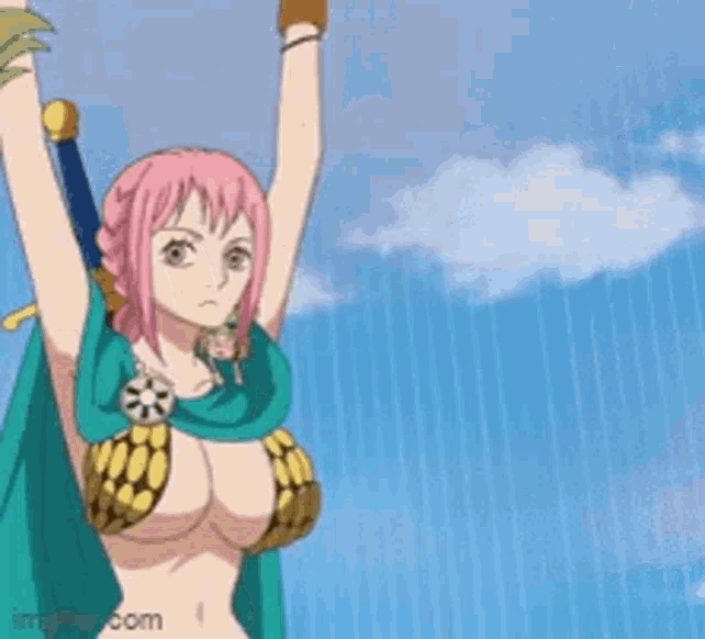 a cartoon girl with pink hair is hanging upside down with her arms in the air ..