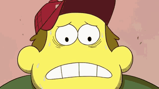 a cartoon character is wearing a red hat and has a sad look on his face