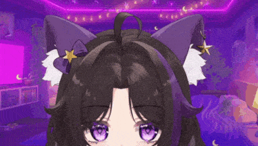a close up of a person 's face with purple eyes and cat ears