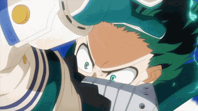 a close up of a cartoon character with green hair and a helmet