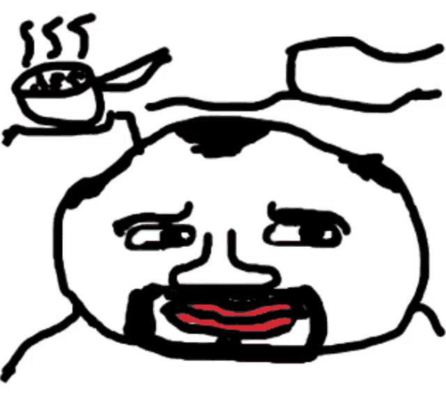 a drawing of a man with a mustache and a cup of coffee on top of his head