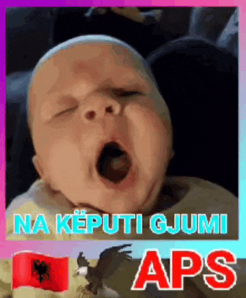 a baby is yawning in a car seat with a flag in the background .