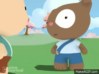 a cartoon character is standing next to another cartoon character in a park .