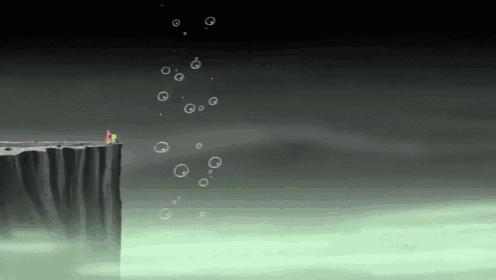 spongebob and patrick are standing on the edge of a cliff with bubbles coming out of it
