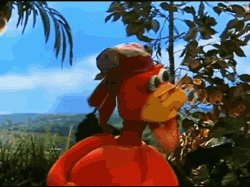 a cartoon chicken wearing a hat and sunglasses is standing in a field .