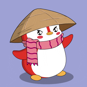 a penguin wearing a hat and a scarf is standing on a purple background