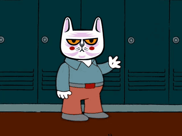 a cartoon cat is standing in front of lockers