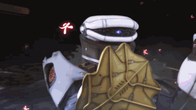 a cartoon drawing of a robot with a shield on the back