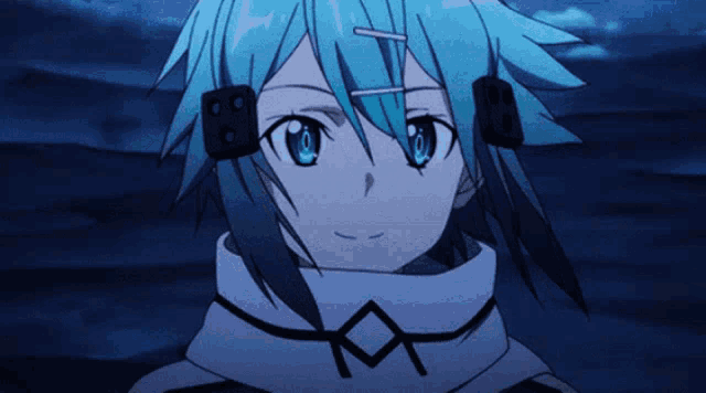 a close up of a blue haired anime character with headphones