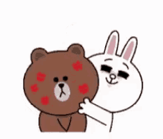 a brown bear and a white rabbit are hugging each other with a heart above them .