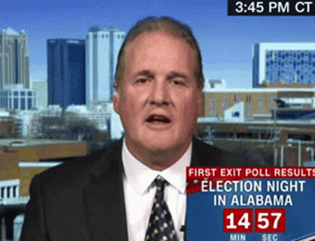 a man in a suit and tie is talking about the first exit poll results
