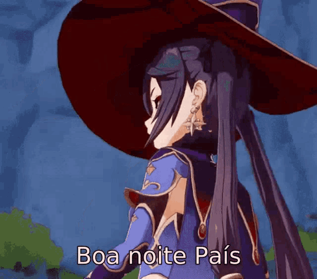 a girl in a witch hat says boa noite pais on the bottom