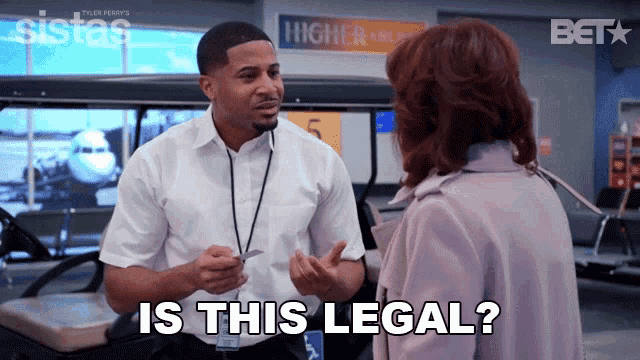 a man in a white shirt is talking to a woman in a purple coat and says is this legal
