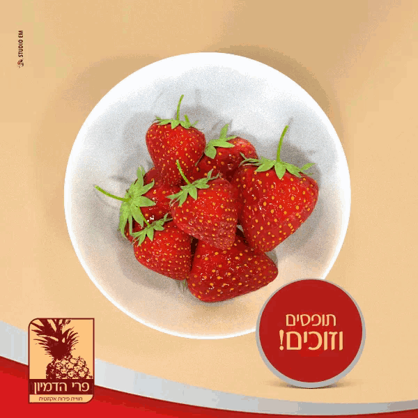 a white plate filled with strawberries and a red circle with the words ' strawberry ' written in hebrew
