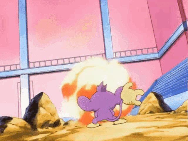 a purple cartoon character is standing in front of a large explosion in a room .