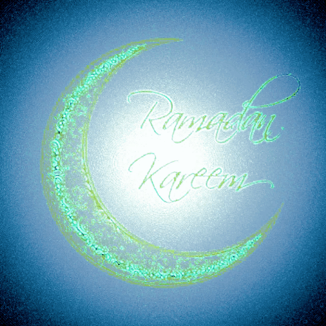 a green crescent moon with the words ramadan kareem written on it