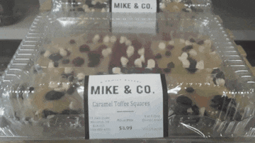a container of caramel toffee squares from mike & co.