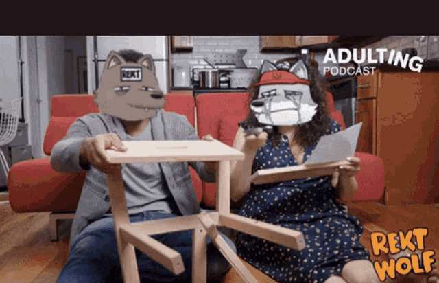 a man and a woman wearing masks with the word adulting on the bottom right