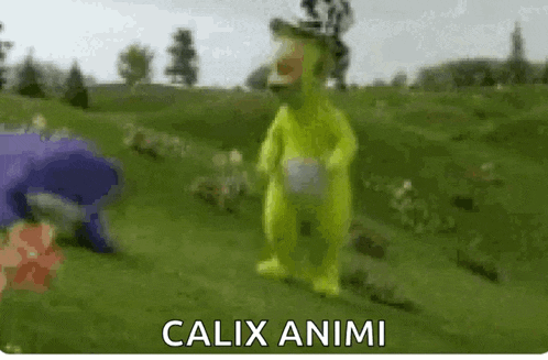 a teletubbies character is standing in a field with a purple character .
