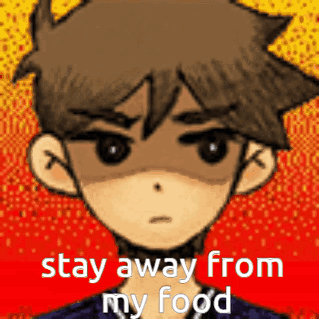 a pixel art of a boy with the words stay away from my food