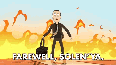 a man in a suit and tie is standing in front of an explosion and says farewell , solen 'ya .