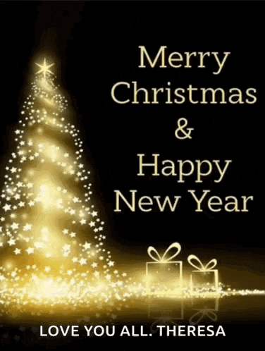 a merry christmas and happy new year card with a christmas tree and gifts