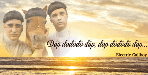 a picture of three men and a horse with the words " dop dododo dop dop dododo dop "