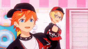 two anime characters are standing next to each other in front of a sign that says trickstar