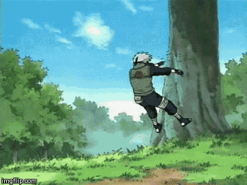 a cartoon character is jumping in the air near a tree