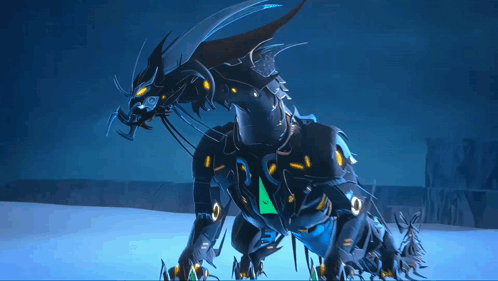 a robotic dragon with a green light on its chest is standing in the snow