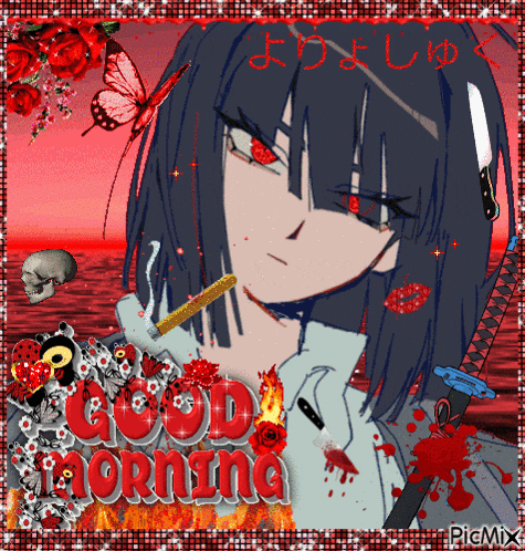 a picture of a girl with a knife and the words good morning written on it