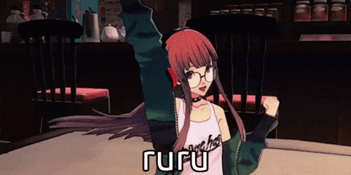 a girl with glasses and a shirt that says " fufu " on it