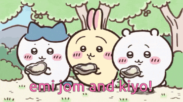 a cartoon of a cat a rabbit and a bear eating oysters with the words emijom and kiyo on the bottom